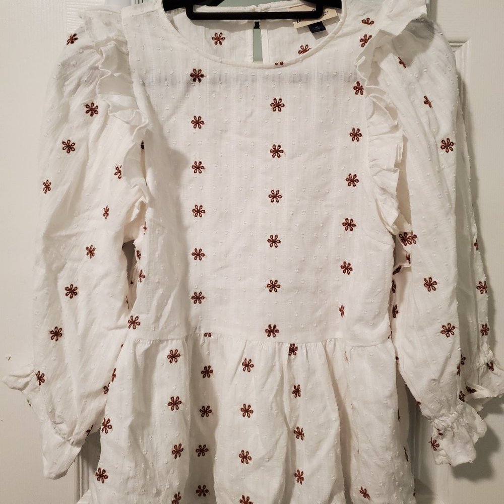 Flowy Brown Floral White Peplum Top Size XS